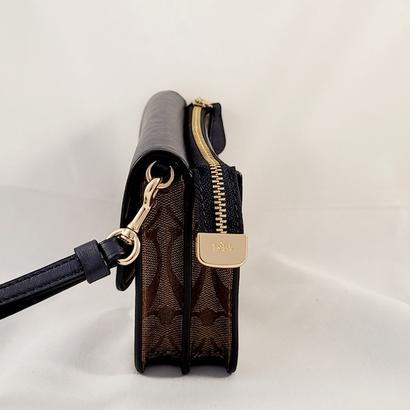 Coach Signature Foldover Dark Brown/Black Canvas Leather Wristlet Wallet Clutch - Picture 4 of 6